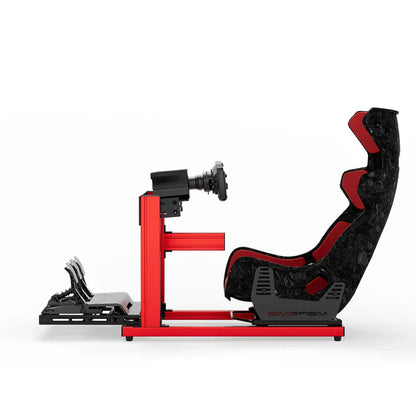 SIMGASM Hobby red sim racing cockpit, red GT seat and MOZA wheel base, side-profile studio view