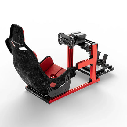 SIMGASM Hobby red cockpit, Forged Carbon Look Formula seat and MOZA wheel base, elevated rear angle, wheel right