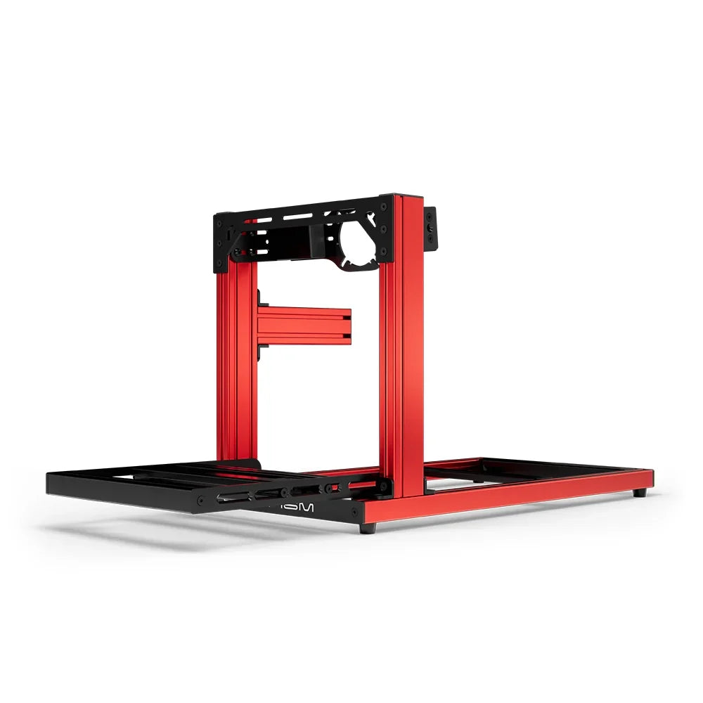 SIMGASM Hobby red sim racing cockpit, front-mount wheel plate, end-on studio view