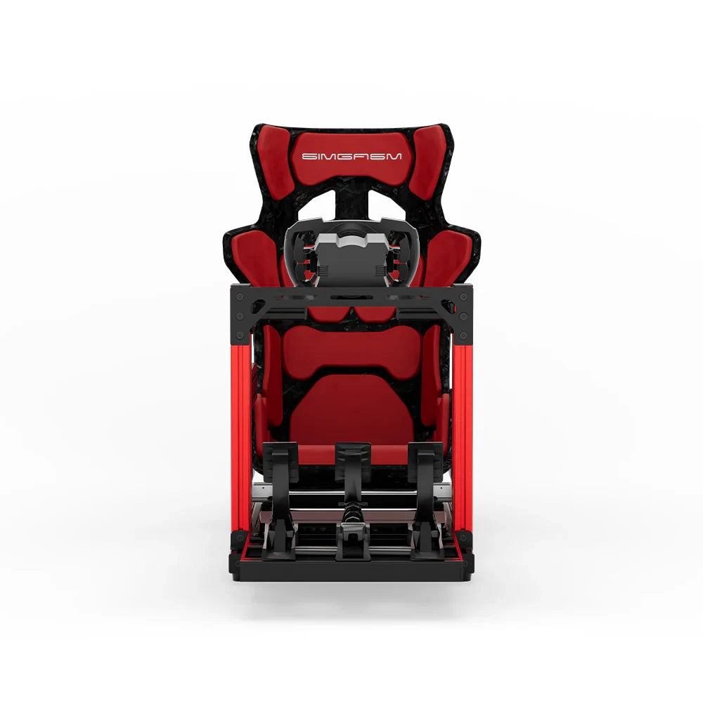 SIMGASM Hobby red sim racing cockpit, red GT seat and MOZA wheel base, straight front studio view