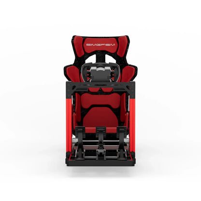 SIMGASM Hobby red sim racing cockpit, red GT seat and MOZA wheel base, straight front studio view