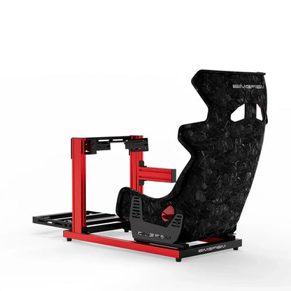 SIMGASM Hobby red sim racing cockpit, Forged Carbon Look GT seat, rear three-quarter studio view