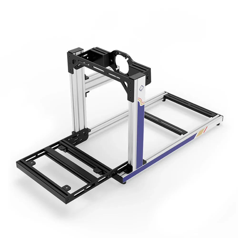SIMGASM Hobby RothBros sim racing cockpit, front-mount wheel plate, pedal-end three-quarter studio view