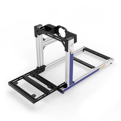 SIMGASM Hobby RothBros sim racing cockpit, front-mount wheel plate, pedal-end three-quarter studio view