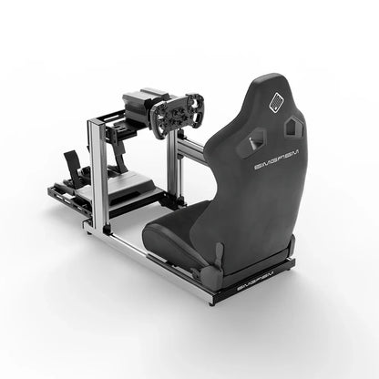 SIMGASM Hobby silver sim racing cockpit, black reclining seat and MOZA wheel base, elevated rear angle, wheel left