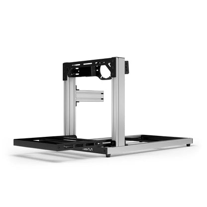 SIMGASM Hobby silver sim racing cockpit, front-mount wheel plate, end-on studio view