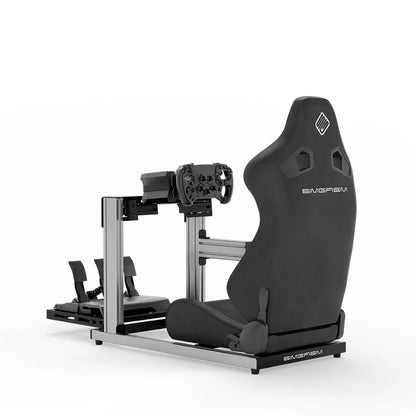 SIMGASM Hobby silver sim racing cockpit, black reclining seat and MOZA wheel base, rear three-quarter studio view