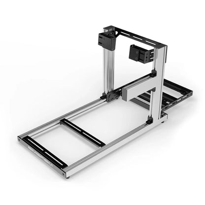 SIMGASM Hobby silver sim racing cockpit, side-mount wheel brackets, shifter-side three-quarter studio view