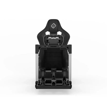 SIMGASM Hobby silver sim racing cockpit, black reclining seat and MOZA wheel base, straight front studio view