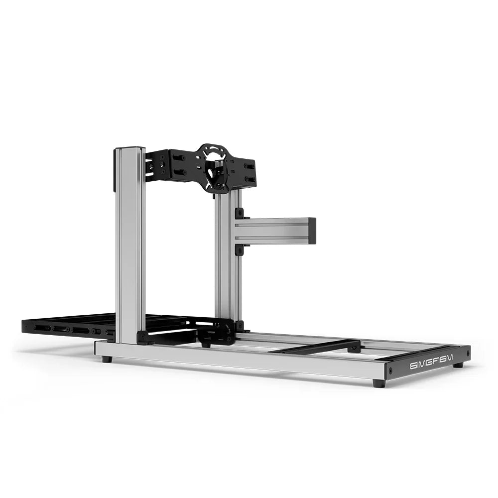 SIMGASM Hobby silver sim racing cockpit, front-mount wheel plate, side-profile studio view