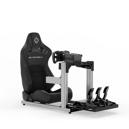 SIMGASM Hobby silver sim racing cockpit, black reclining seat and MOZA wheel base, front three-quarter studio view