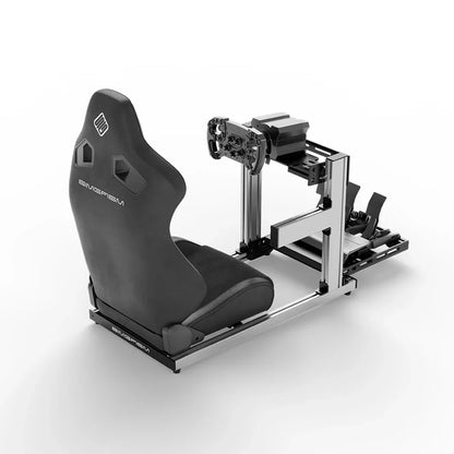 SIMGASM Hobby silver sim racing cockpit, black reclining seat and MOZA wheel base, elevated rear angle, wheel right