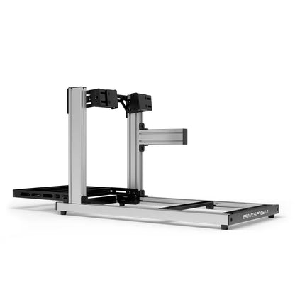 SIMGASM Hobby silver sim racing cockpit, side-mount wheel brackets, side-profile studio view