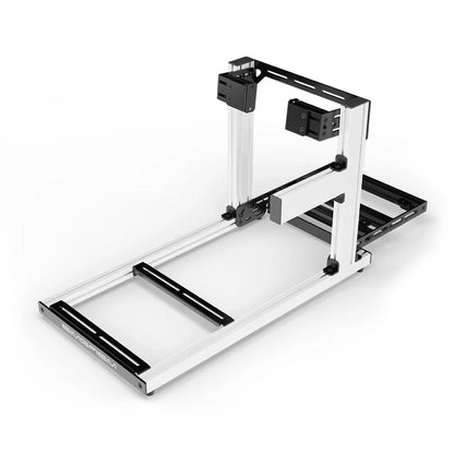 SIMGASM Hobby white sim racing cockpit, side-mount wheel brackets, shifter-side three-quarter studio view