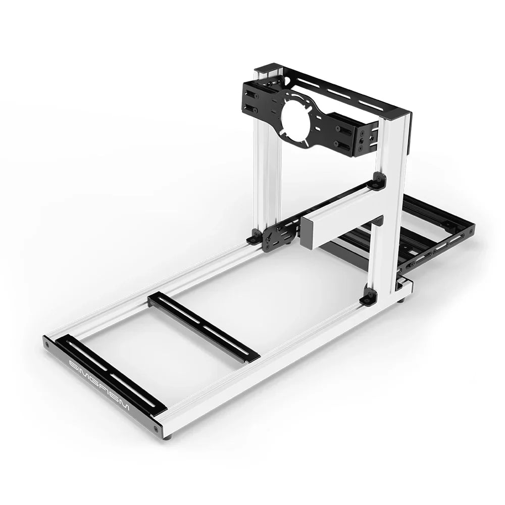 SIMGASM Hobby white sim racing cockpit, front-mount wheel plate, shifter-side three-quarter studio view
