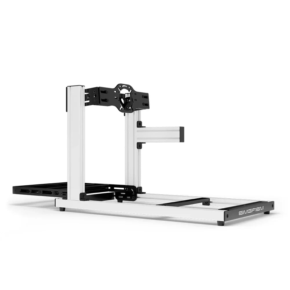 SIMGASM Hobby white sim racing cockpit, front-mount wheel plate, side-profile studio view