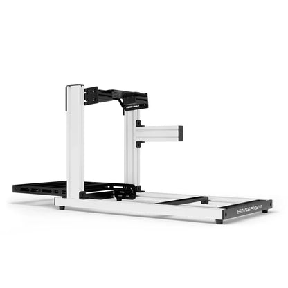 SIMGASM Hobby white sim racing cockpit, bottom-mount wheel deck, side-profile studio view