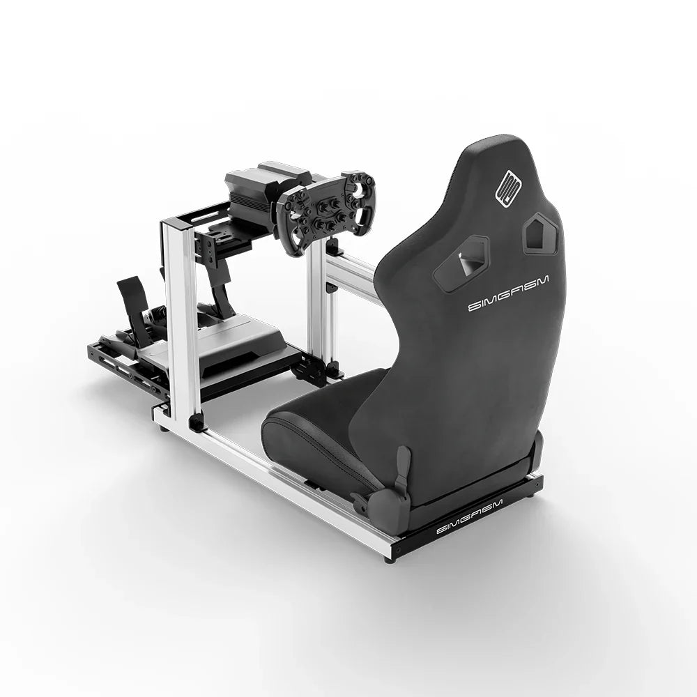 SIMGASM Hobby white sim racing cockpit, black reclining seat and MOZA wheel base, elevated rear angle, wheel left