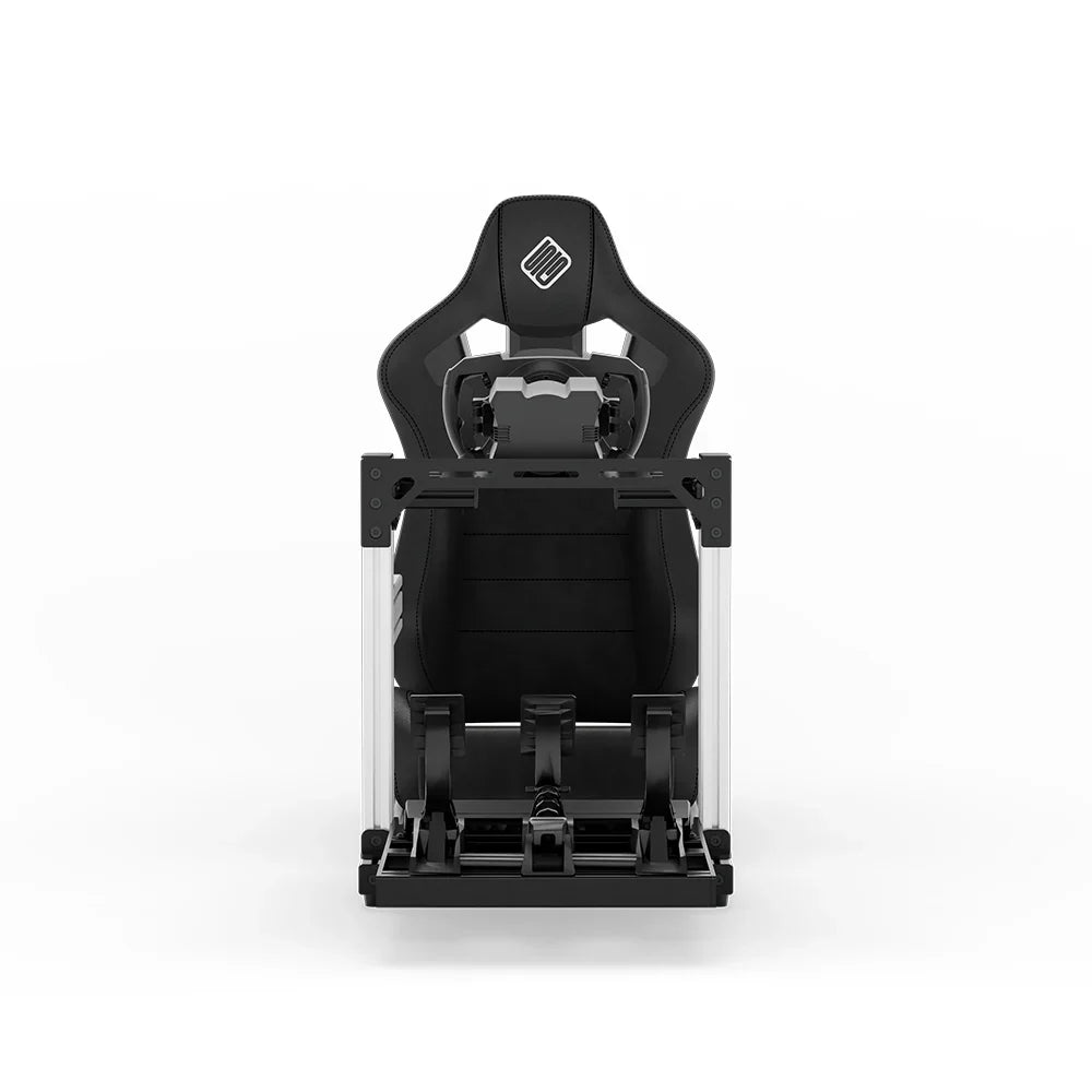 SIMGASM Hobby white sim racing cockpit, black reclining seat and MOZA wheel base, straight front studio view