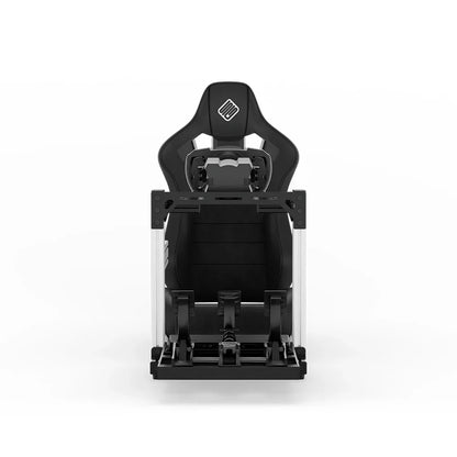 SIMGASM Hobby white sim racing cockpit, black reclining seat and MOZA wheel base, straight front studio view