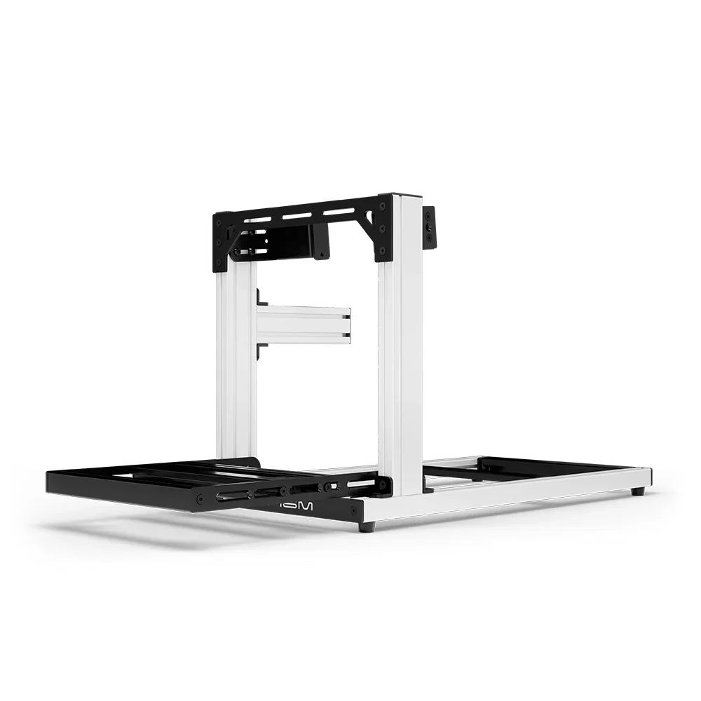 SIMGASM Hobby white sim racing cockpit, side-mount wheel brackets, end-on studio view