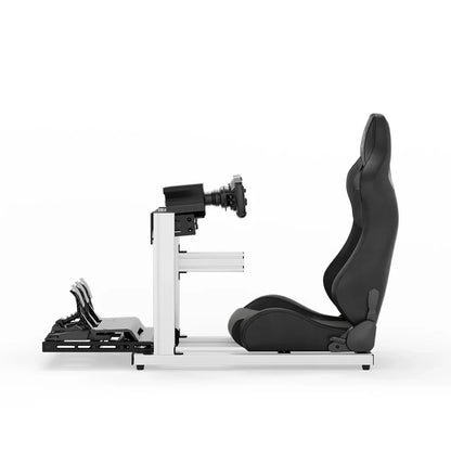 SIMGASM Hobby white sim racing cockpit, black reclining seat and MOZA wheel base, side-profile studio view