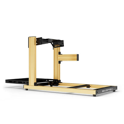 SIMGASM Hobby gold sim racing cockpit, bottom-mount wheel deck, side-profile studio view