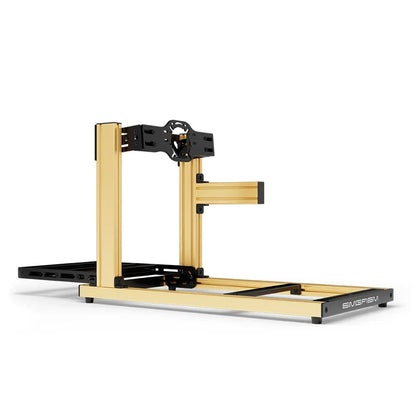 SIMGASM Hobby gold sim racing cockpit, front-mount wheel plate, side-profile studio view