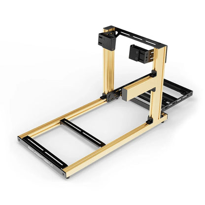 SIMGASM Hobby gold sim racing cockpit, side-mount wheel brackets, shifter-side three-quarter studio view