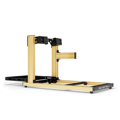 SIMGASM Hobby gold sim racing cockpit, side-mount wheel brackets, side-profile studio view