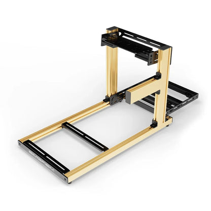 SIMGASM Hobby gold sim racing cockpit, bottom-mount wheel deck, shifter-side three-quarter studio view
