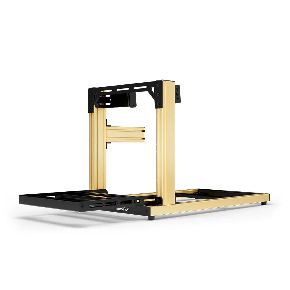 SIMGASM Hobby gold sim racing cockpit, side-mount wheel brackets, end-on studio view
