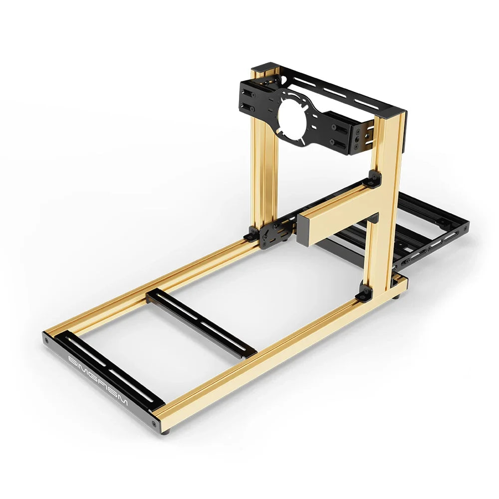 SIMGASM Hobby gold sim racing cockpit, front-mount wheel plate, shifter-side three-quarter studio view