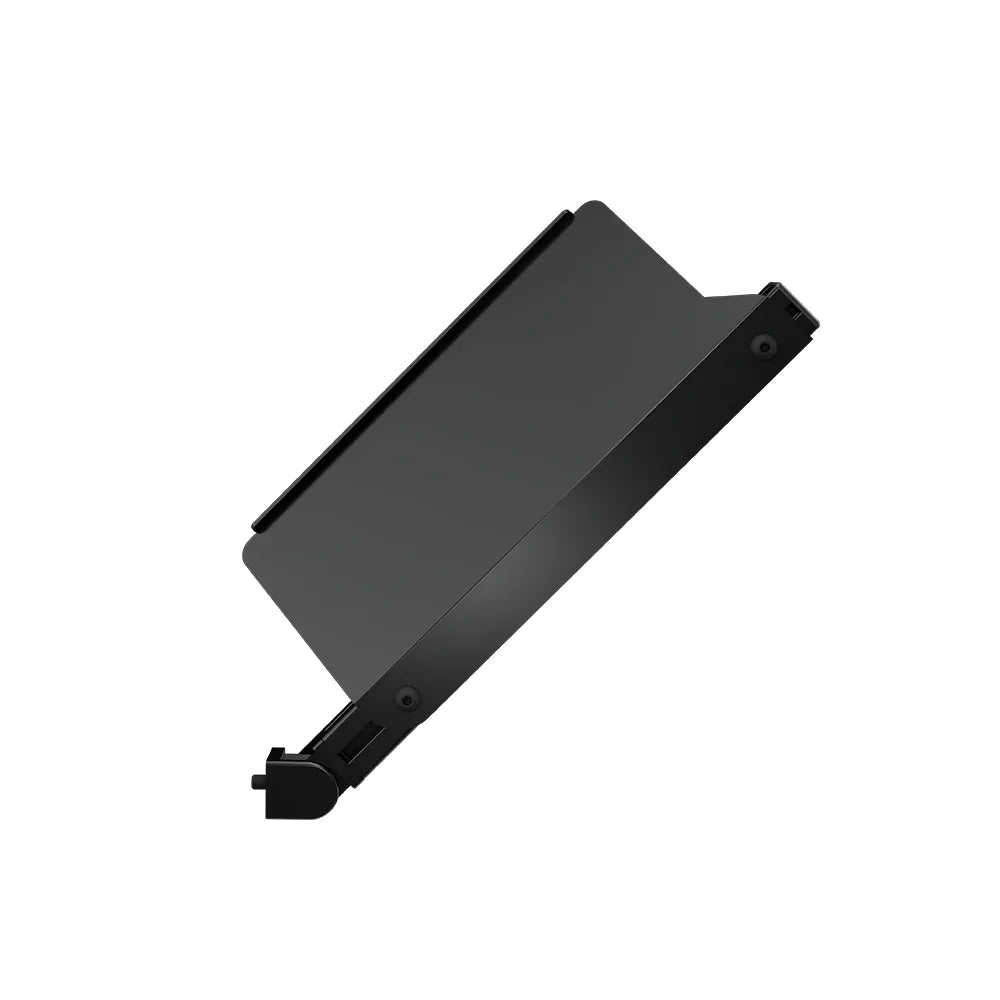 Top three-quarter view of the black SIMGASM keyboard tray and swivel joint