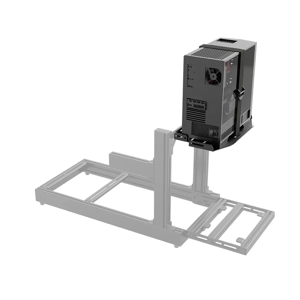 Black SIMGASM PC tray supporting a desktop computer beside an aluminium cockpit frame