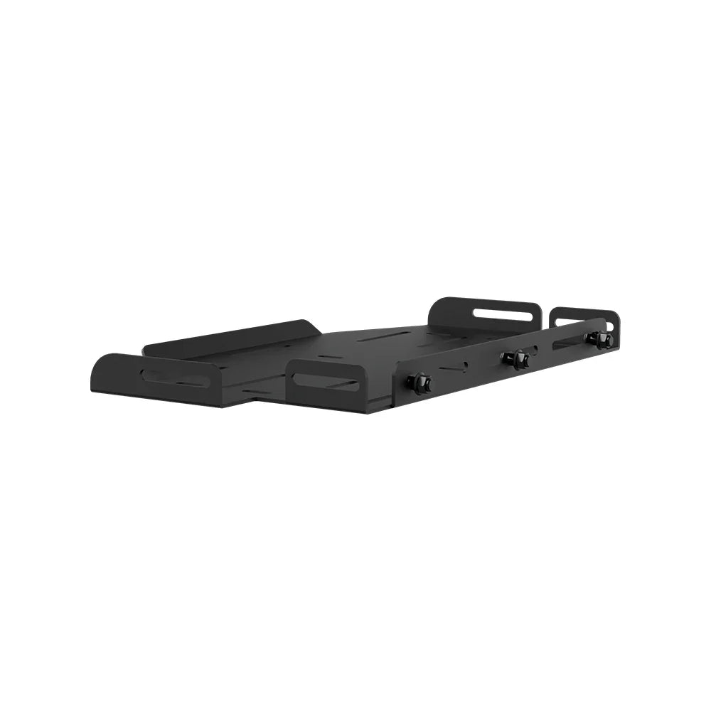 Right three-quarter view of the empty black SIMGASM PC tray and mounting slots