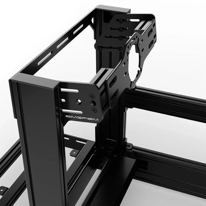 Black SIMGASM Pro sim racing cockpit with front wheel mount, mounting hardware close-up