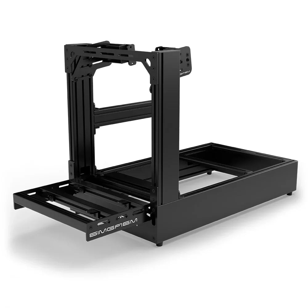 Black SIMGASM Pro sim racing cockpit with side wheel mount, low front three-quarter view