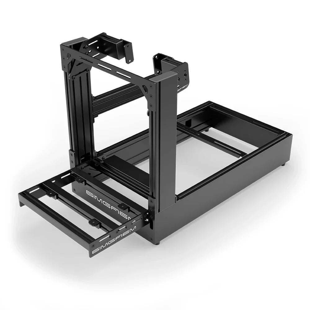 Black SIMGASM Pro sim racing cockpit with side wheel mount, elevated front three-quarter view