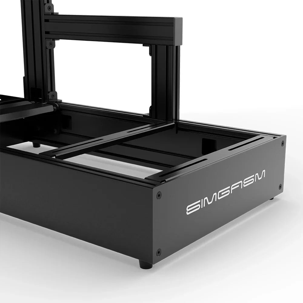 Black SIMGASM Pro sim racing cockpit, close-up of the seat rails and SIMGASM logo end plate