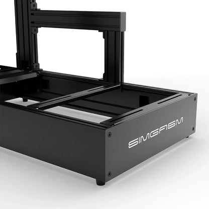 Black SIMGASM Pro sim racing cockpit, close-up of the seat rails and SIMGASM logo end plate