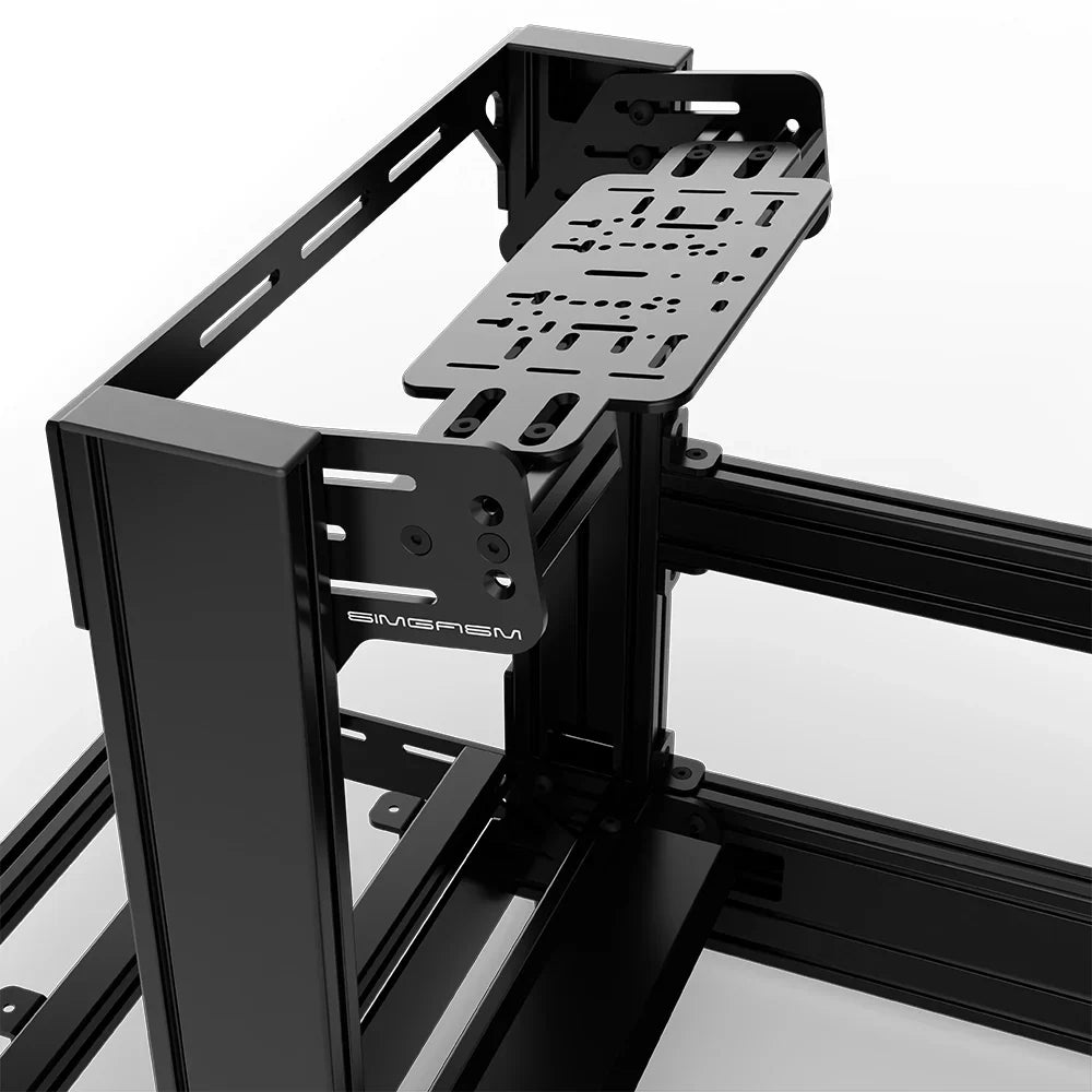 Black SIMGASM Pro sim racing cockpit with bottom wheel mount, mounting hardware close-up