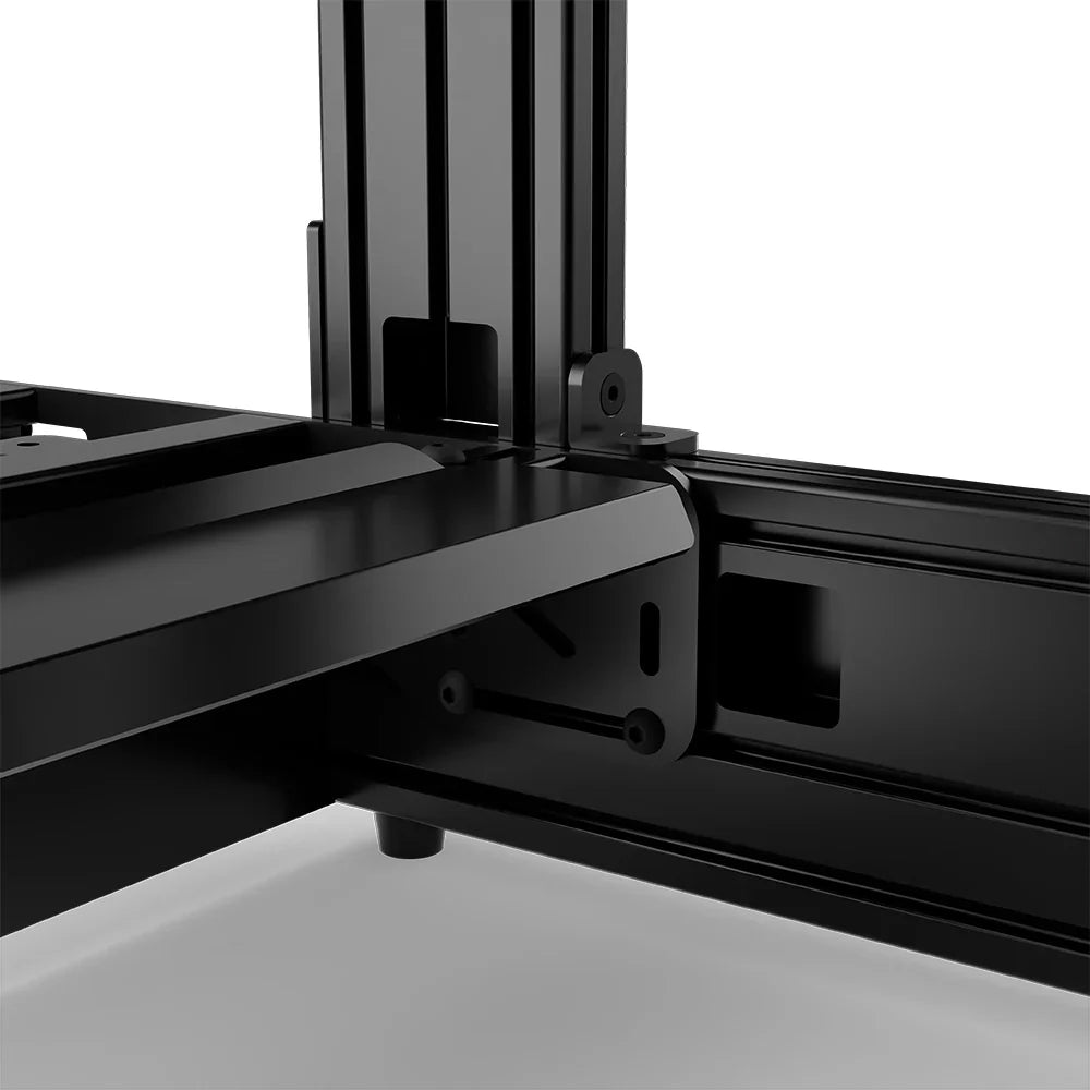 Black SIMGASM Pro sim racing cockpit, close-up of a frame joint and triangular bracket