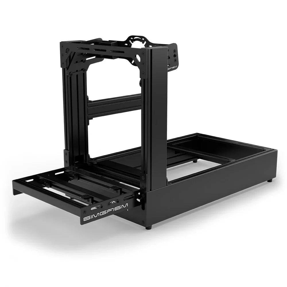 Black SIMGASM Pro sim racing cockpit with front wheel mount, low front three-quarter view