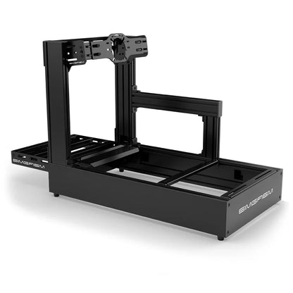 Black SIMGASM Pro sim racing cockpit with front wheel mount, rear three-quarter view
