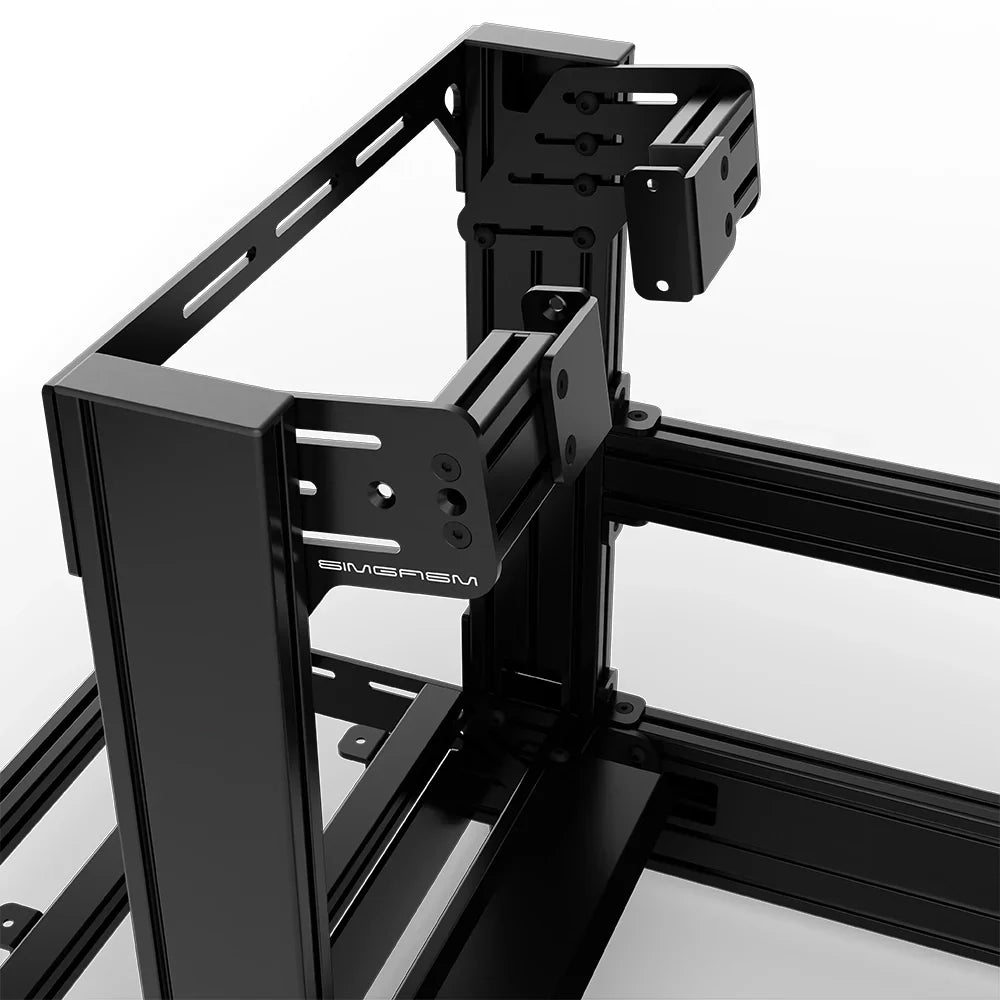 Black SIMGASM Pro sim racing cockpit with side wheel mount, mounting hardware close-up
