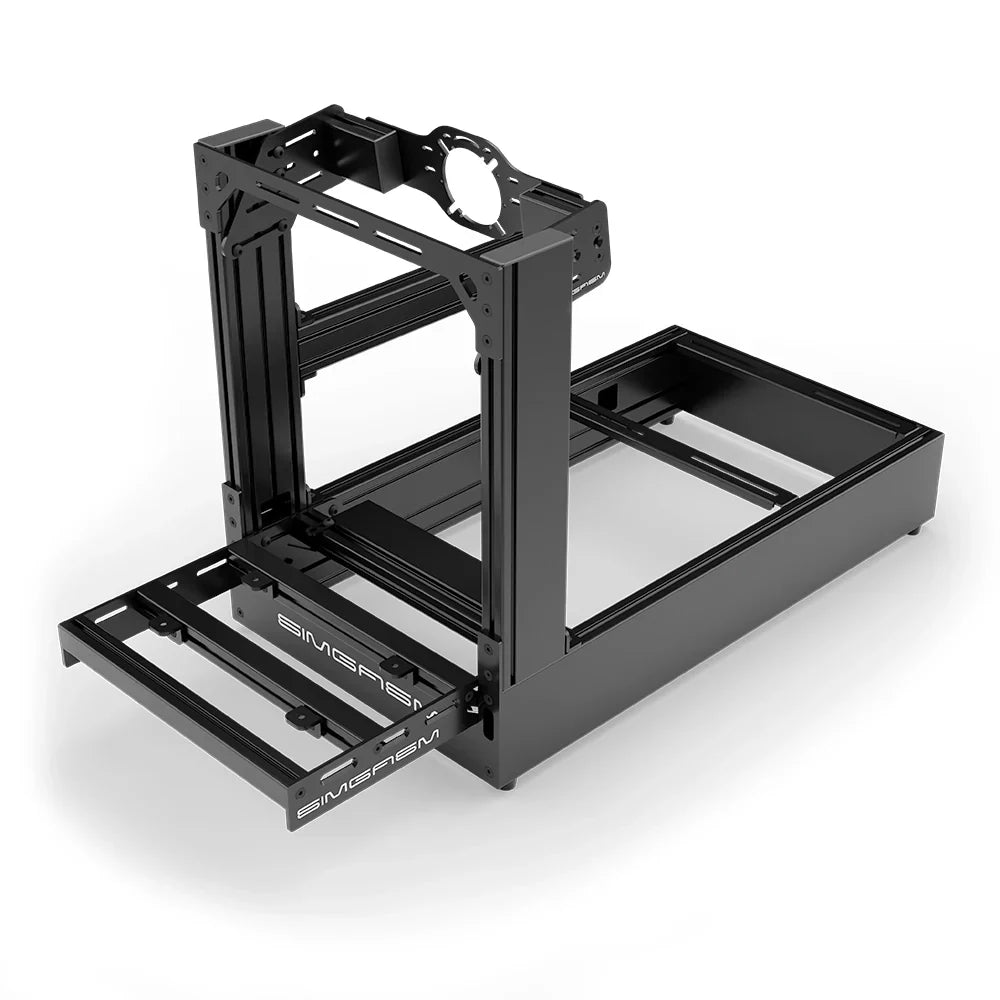 Black SIMGASM Pro sim racing cockpit with front wheel mount, elevated front three-quarter view