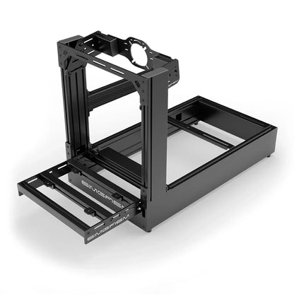 Black SIMGASM Pro sim racing cockpit with front wheel mount, elevated front three-quarter view