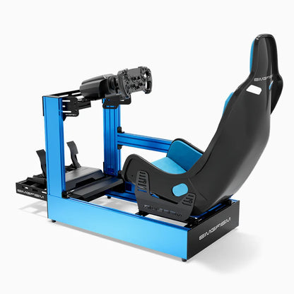 Blue SIMGASM Pro sim racing cockpit with MOZA gear and Forged Carbon Look Formula seat, side view showing seat back
