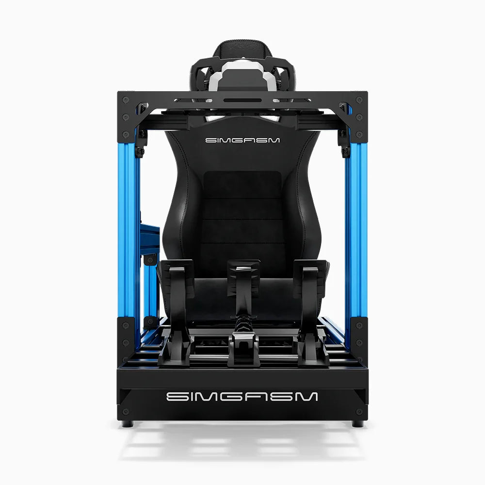 Blue SIMGASM Pro sim racing cockpit with MOZA gear and black reclining seat, direct front view